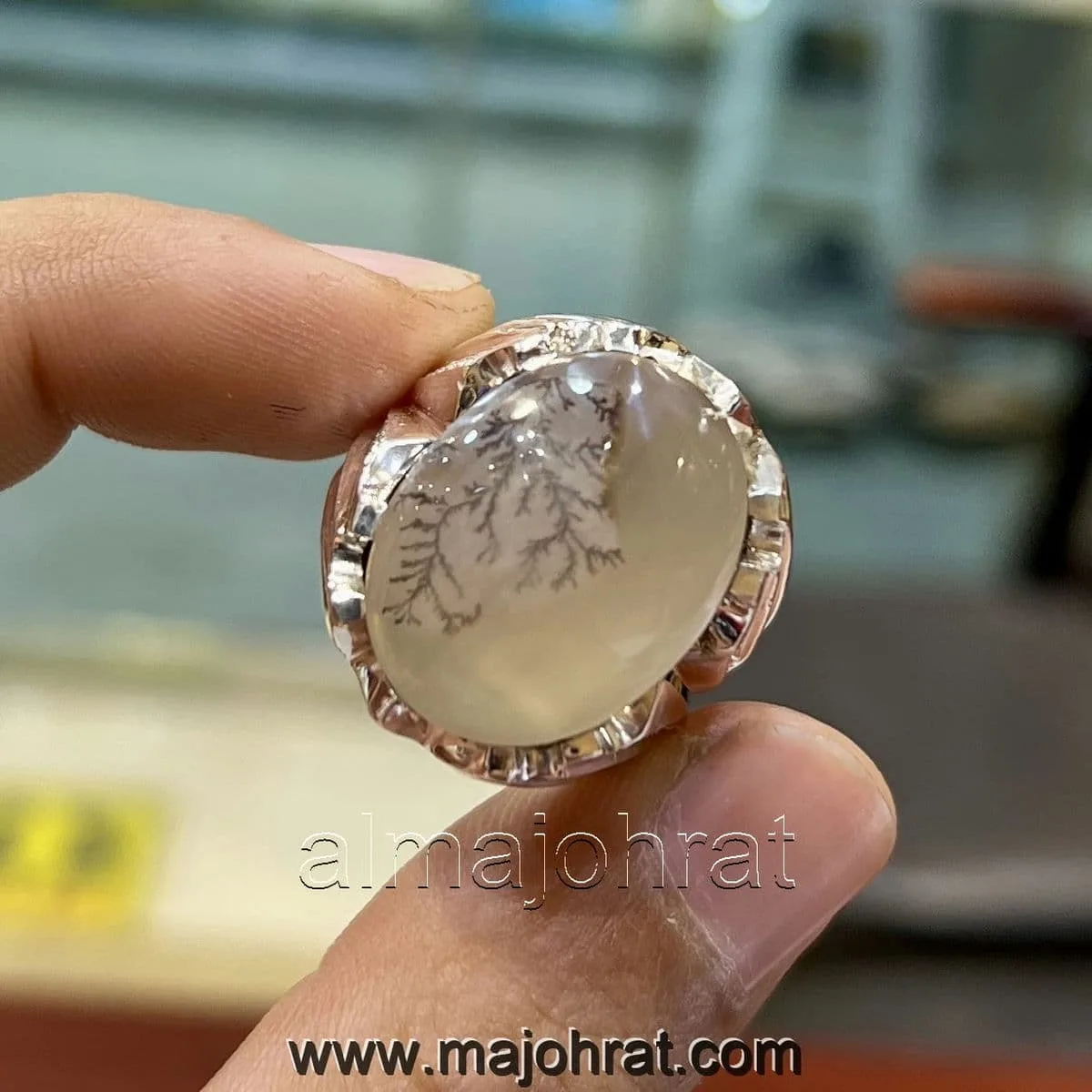 Natural Pictorial Agate - 925 Silver Ring - Shajri Agate - Shijri Aqeeq Ring - Dendritic Agate Ring