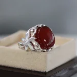 Red Yemen Agate Yamani Aqeeq Natural Stone Ring in Pure Silver
