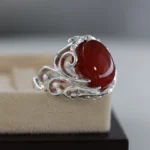 Red Yemen Agate Yamani Aqeeq Natural Stone Ring in Pure Silver