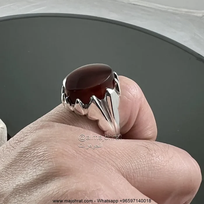 ⁦Yemeni Aqeeq - Natural Brown Yemen Agate Ring - Pure Silver⁩ - الصورة ⁦5⁩