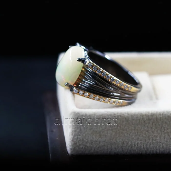 ⁦White Opal & Black Rhodium - Natural Gemstone - Silver Ring⁩ - الصورة ⁦6⁩