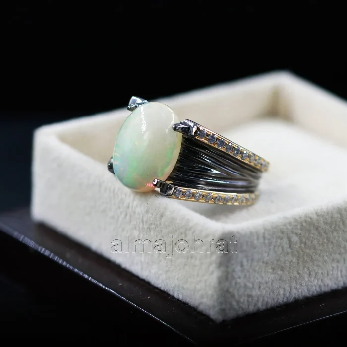 ⁦White Opal & Black Rhodium - Natural Gemstone - Silver Ring⁩ - الصورة ⁦1⁩
