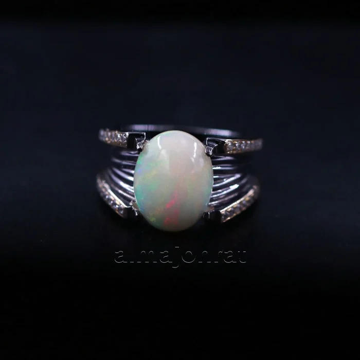 ⁦White Opal & Black Rhodium - Natural Gemstone - Silver Ring⁩ - الصورة ⁦2⁩