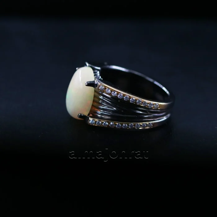 ⁦White Opal & Black Rhodium - Natural Gemstone - Silver Ring⁩ - الصورة ⁦5⁩