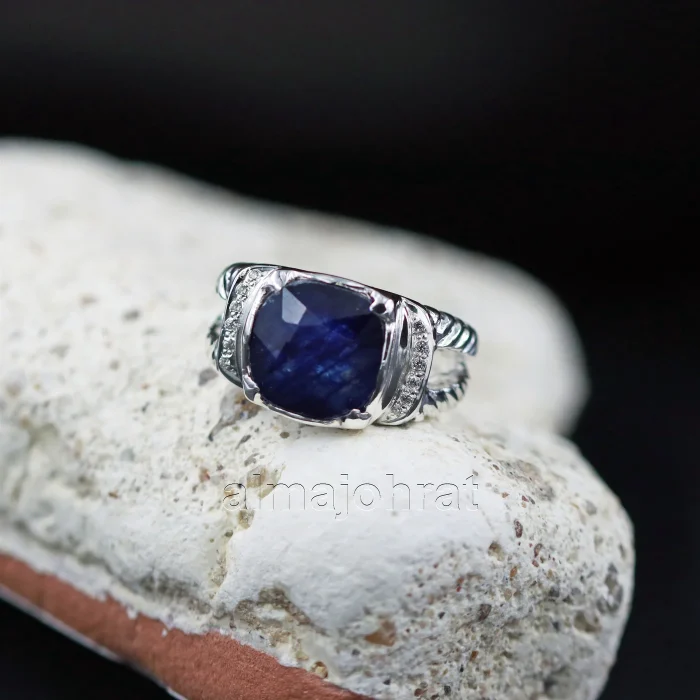 ⁦Natural Blue Sapphire (Certified) Ring - Silver Ring⁩ - الصورة ⁦1⁩