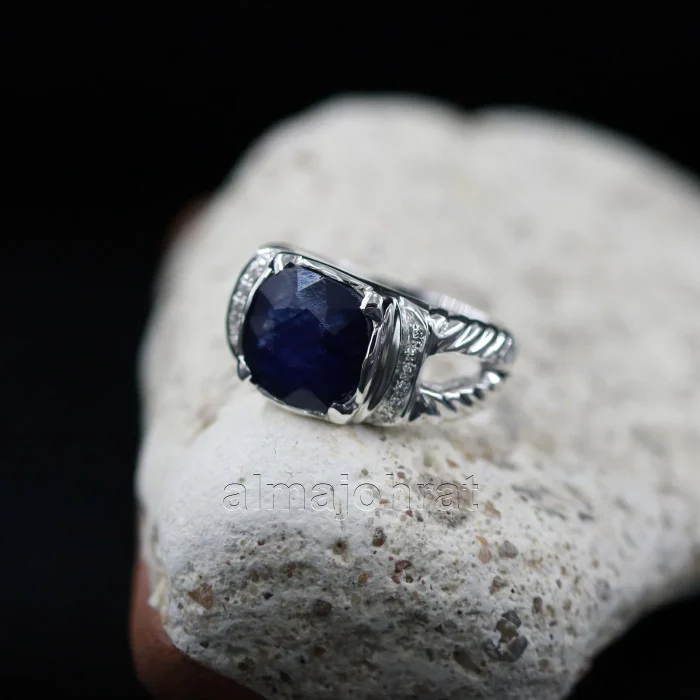 ⁦Natural Blue Sapphire (Certified) Ring - Silver Ring⁩ - الصورة ⁦6⁩