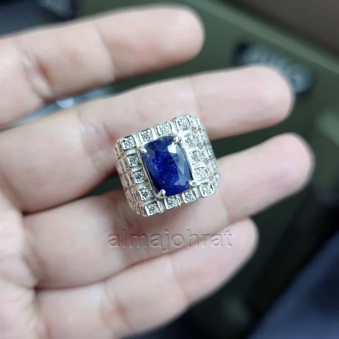 ⁦Natural Blue Sapphire (Certified) Ring - Silver Ring⁩ - الصورة ⁦3⁩