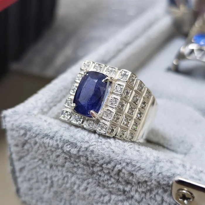 ⁦Natural Blue Sapphire (Certified) Ring - Silver Ring⁩ - الصورة ⁦1⁩