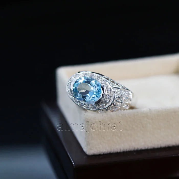 ⁦Swiss Blue Topaz Natural Gemstone - 925 Silver Ring⁩ - الصورة ⁦3⁩