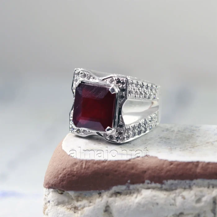 ⁦Natural Ruby Stone Ring - Pure Silver Ring - Yaqut Stone⁩ - الصورة ⁦3⁩