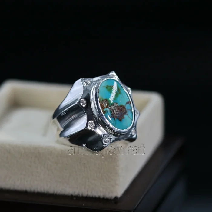 Natural Turquoise Ring - Nishaburi Shajri Feroza Pure Silver Ring - Image 3