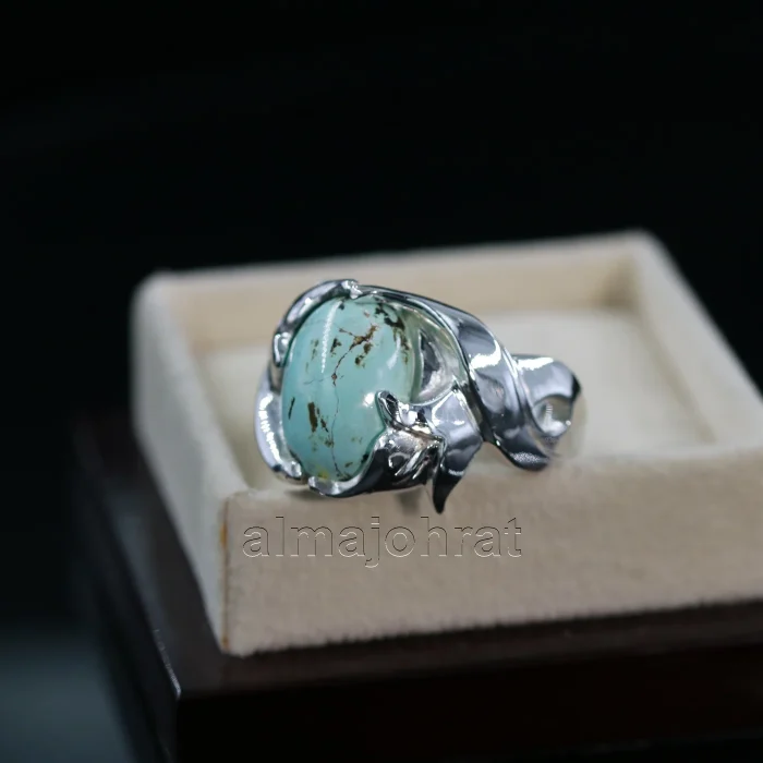 Natural Turquoise Ring - Nishaburi Shajri Feroza Pure Silver Ring - Image 5