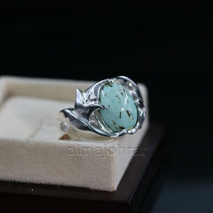 Natural Turquoise Ring - Nishaburi Shajri Feroza Pure Silver Ring - Image 1