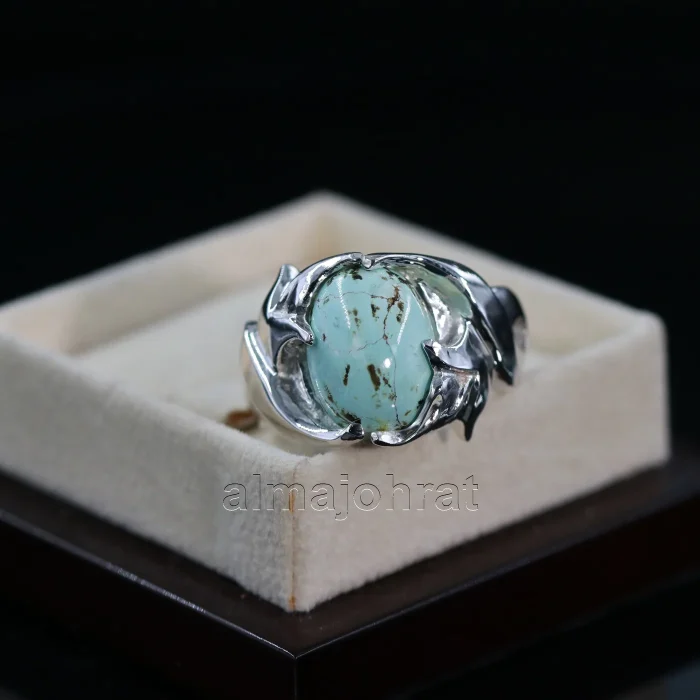 Natural Turquoise Ring - Nishaburi Shajri Feroza Pure Silver Ring - Image 2
