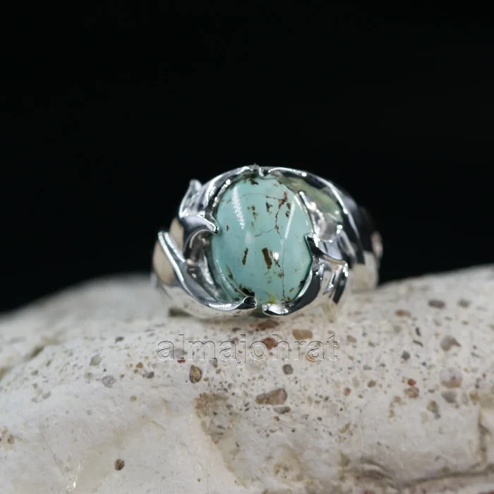 Natural Turquoise Ring - Nishaburi Shajri Feroza Pure Silver Ring - Image 4