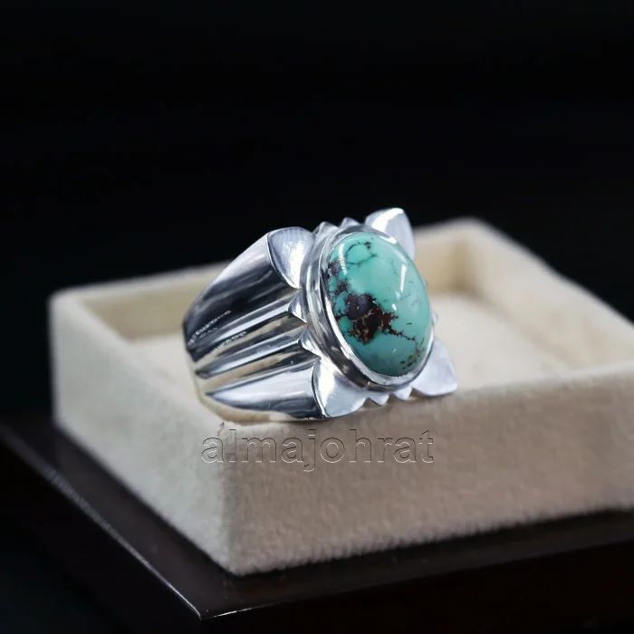 Natural Turquoise Ring - Nishaburi Feroza Pure Silver Ring - Image 2