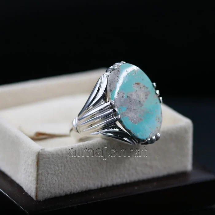 Natural Turquoise Ring - Nishaburi Shajri Feroza Pure Silver Ring - Image 2