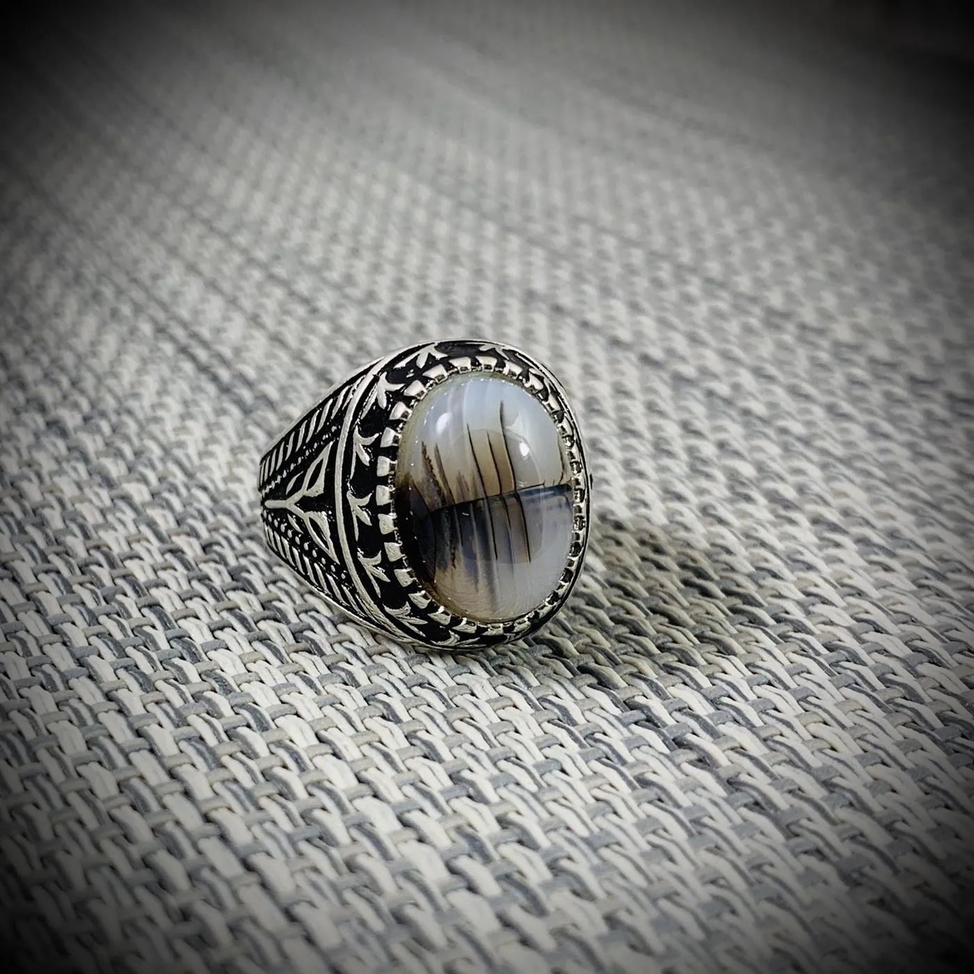 Turkish Rings Pure Silver (25) Turkish Ring Silver 925 - Shajri Aqeeq Natural Agate - Image 1