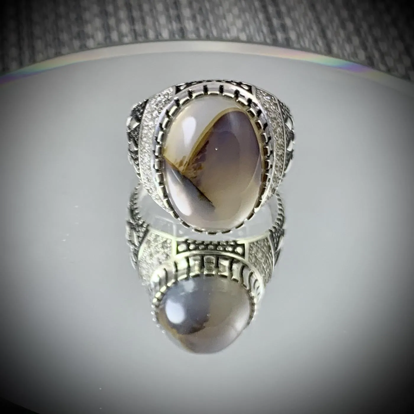 Turkish Rings Pure Silver (3) Turkish Ring Silver 925 - Shajri Aqeeq Natural Agate - Image 1