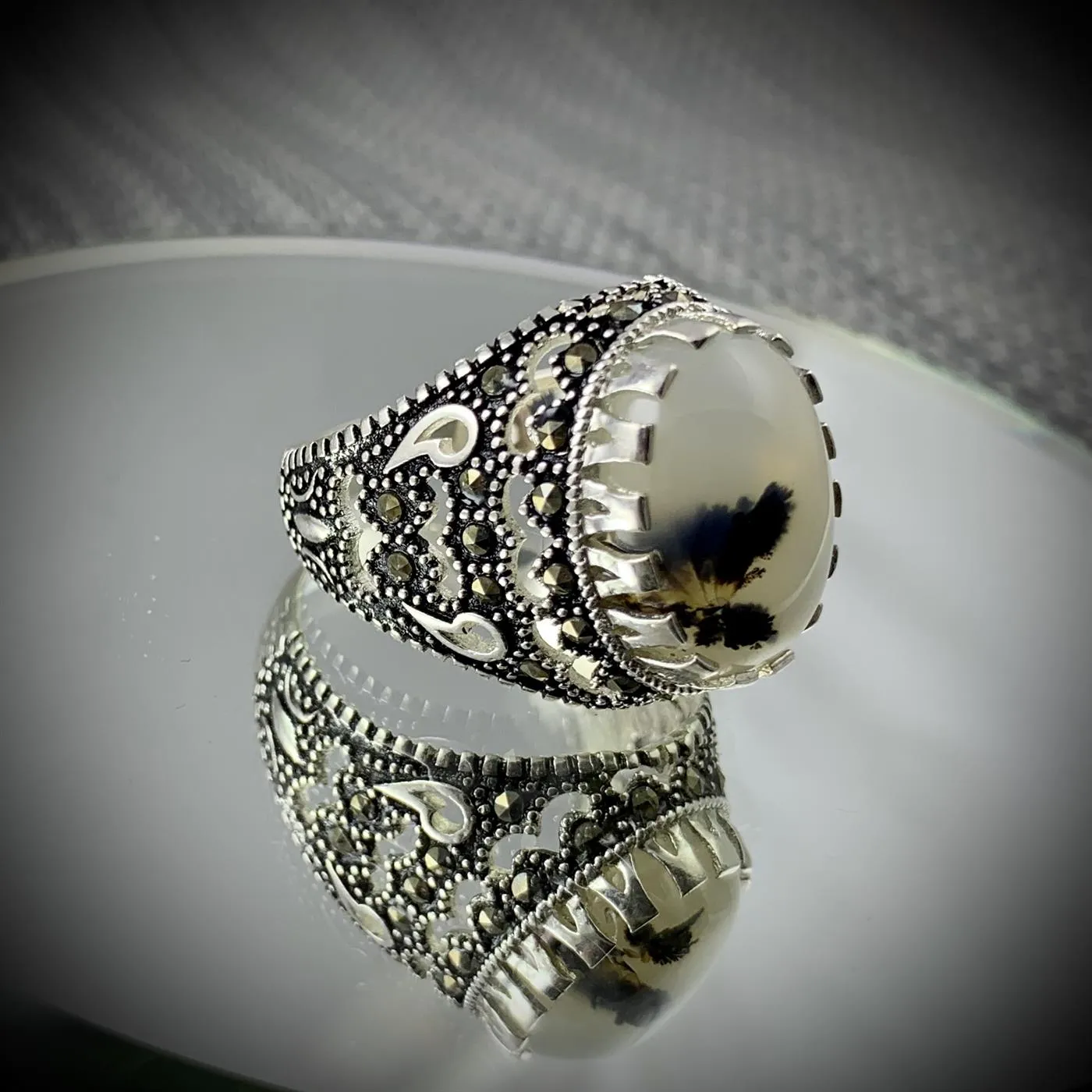 Turkish Rings Pure Silver (8) Turkish Ring Silver 925 - Shajri Aqeeq Natural Agate - Image 1