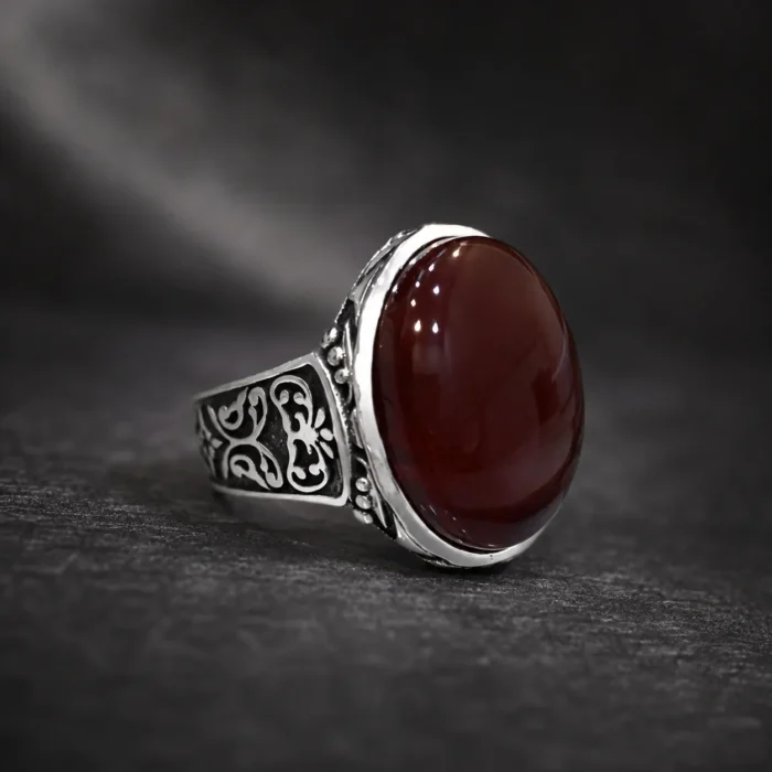 Yemeni Aqeeq - Natural Red Yemen Agate Ring - Pure Silver - Image 3